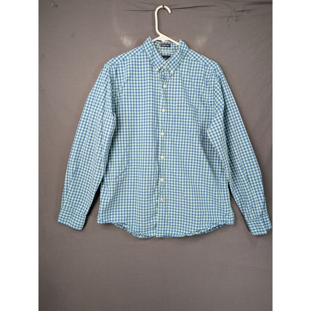 American Eagle Mens Large Gingham Button Down Shirt Blue Green Seriously Soft